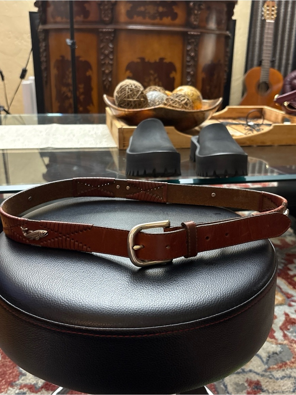 VINTAGE Brighton Brown Leather Belt with Silver Buckle WITH SILVER flying fish 🐟